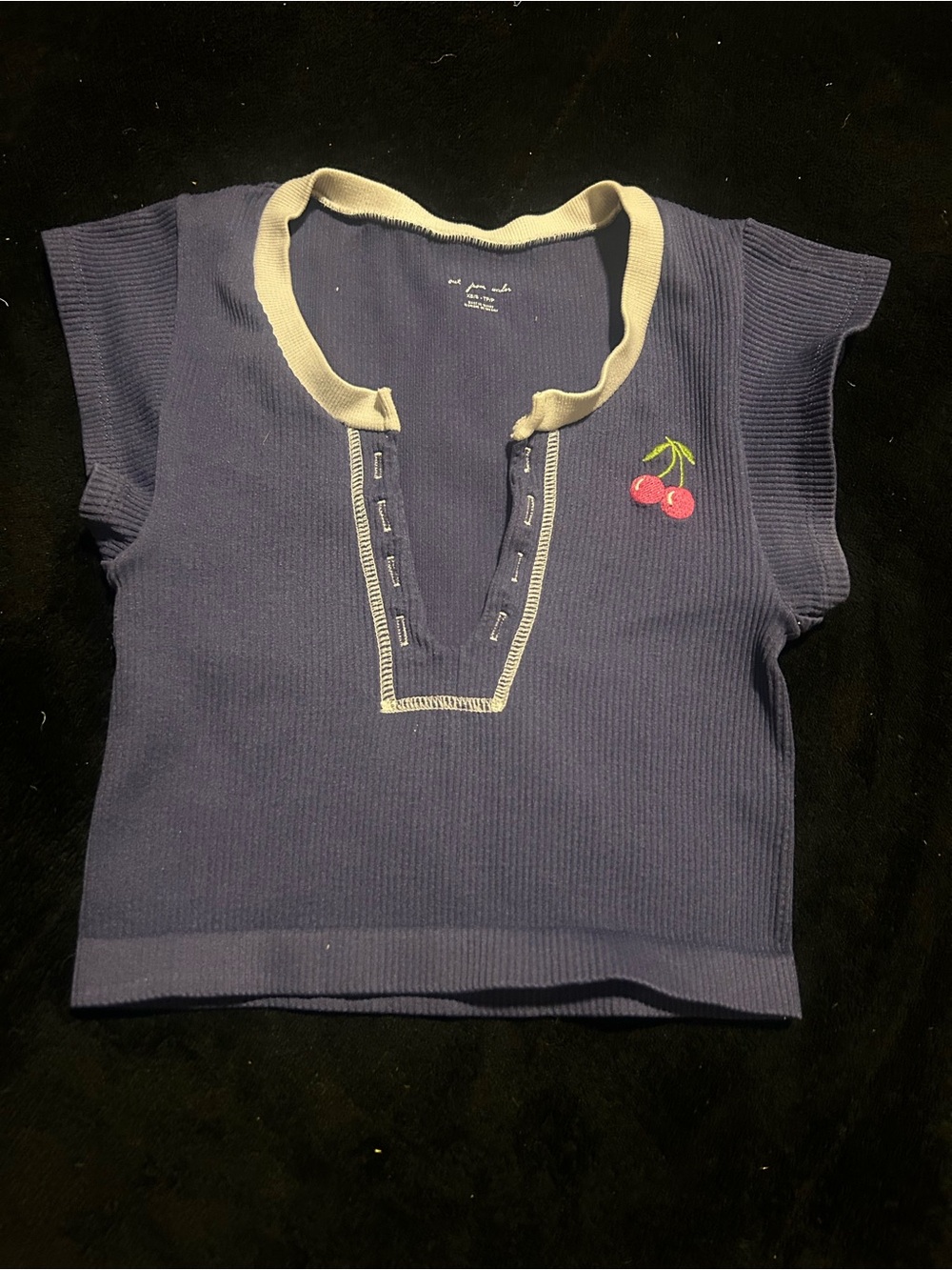 Urban Outfitters Navy Ribbed Tee with Cherry Embroidery and Cream Trim